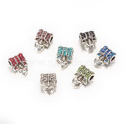 Alloy Rhinestone European Dangle Charms, Large Hole Pendants, Heart, Antique Silver, Mixed Color, 18.5x13x7~7.5mm, Hole: 4mm(MPDL-S043-M)