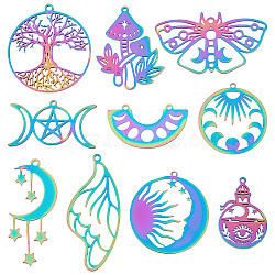 20Pcs 10 Style Ion Plating(IP) 201 & 304 Stainless Steel Pendant Links Charms, Laser Cut, Butterfly & Moon with Star & Mushroom, Rainbow Color, 18~45x19.5~32x1mm, Hole: 1.5mm, 2pcs/style(STAS-SC0004-73)