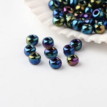 6/0 Grade A Round Glass Seed Beads, Metallic Colours Iris, Blue Plated, 6/0, 4x3mm, Hole: 1mm, about 4800pcs/pound