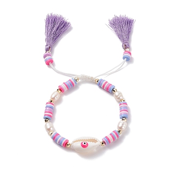 Natual Shell with Evil Eye & Pearl Braided Bead Bracelet, Heishi Beads Bracelet with Double Tassel Charm for Women, Medium Orchid, Inner Diameter: 2-1/8~ 3-1/8 inch(5.4~8cm)