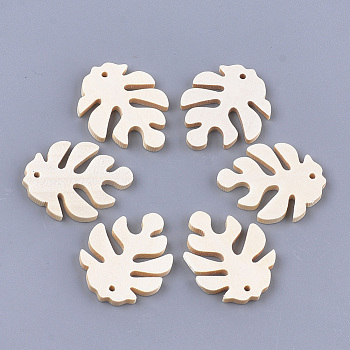 Wood Pendants, Tropical Leaf Charms, Undyed, Monstera Leaf, Floral White, 29.5x23x2.5mm, Hole: 1.5mm