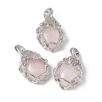 Natural Rose Quartz Pendants, Oval Charms, with Platinum Tone Brass Rose Findings, Cadmium Free & Nickel Free & Lead Free, 25~26x19~19.5x9~9.5mm, Hole: 7.5x5.5mm