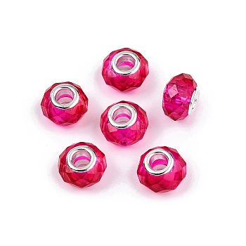 Baking Paint Transparent Glass European Beads, Large Hole Beads, with Brass Cores, Faceted, Rondelle, Deep Pink, 13.5~14x9~9.5mm, Hole: 5mm