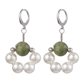 Shell Pearl & Taiwan Jade Leverback Earrings, with 304 Stainless Steel Earring Hooks, Flower, Stainless Steel Color, 45x25mm