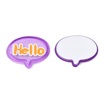 Transparent Printed Acrylic Cabochons, with Glitter Powder, Hello, Medium Orchid, 17.5x22x2.5mm