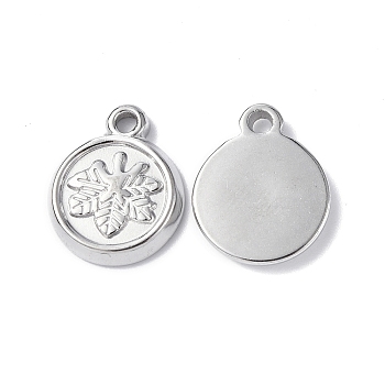 304 Stainless Steel Charms, Flat Round with Leaf Charm, Stainless Steel Color, 13.5x11x2mm, Hole: 1.5mm