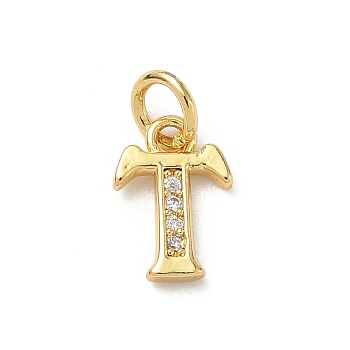Brass Micro Pave Cubic Zirconia Charms, Cadmium Free & Lead Free, Real 18K Gold Plated, with Jump Ring, Letter T, 10.5x7x1.5mm, jump ring: 5x1mm, 3.5mm inner diameter