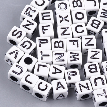 Craft Style Acrylic Beads, Horizontal Hole, Cube with Letter, White, 7x7x7mm, Hole: 3.5~4mm, about 1950pcs/500g