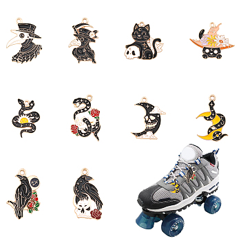 1 Set Gothic Style Alloy Enamel Shoe Charms, with Jump Ring, Moon/Skull/Cat/Snake/Raven Charms, Mixed Color, 33~36mm, 10pcs/set