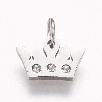 316 Surgical Stainless Steel Charms, with Rhinestone, Crown Pendants, Stainless Steel Color, 7.5x12x1.5mm, Hole: 3.5mm