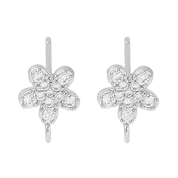 Brass Pave Clear Cubic Zirconia Stud Earring Findings, with Loop, Flower, Platinum, 9x7.5mm, Hole: 1.2mm, Pin: 0.5mm