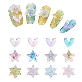 Cheriswelry 240Pcs 3 Style 3D Star & Heart & Flower/Windmill with Glitter Powder Resin Cabochons, Nail Art Studs, Nail Art Decoartion Accessories, Mixed Color, 9.5~13x9.5~12x2~3.5mm, 3 style, 240pcs