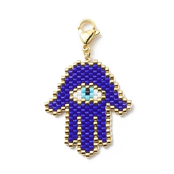 Braided Japanese Seed Beaded Pendant Decoration, Lobster Clasps Charms, Clip-on Charms, for Keychain, Purse, Backpack Ornament, Hamsa Hand/Hand of Miriam with Evil Eye, Dark Blue, 4.7cm