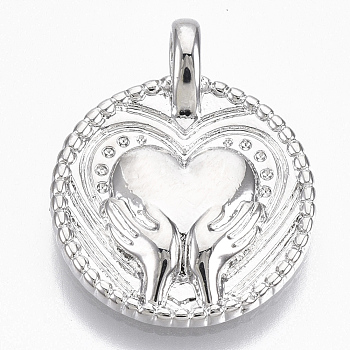Brass Pendants, Nickel Free, Flat Round, Hands Hold Heart, for Mother's Day, Real Platinum Plated, 21x17x4.5mm, Hole: 2.8mm