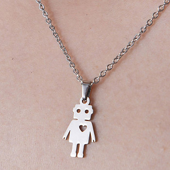 201 Stainless Steel Robot with Heart Pendant Necklace, Stainless Steel Color, 450mm
