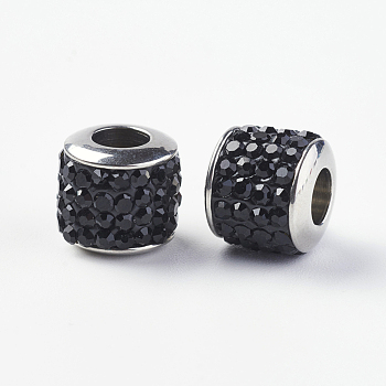 304 Stainless Steel European Beads, with Grade A Rhinestone, Large Hole Beads, Barrel, Jet, 10x9.5mm, Hole: 5mm