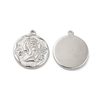 304 Stainless Steel Pendants, Flat Round with Girl Charm, Stainless Steel Color, 18x16x2mm, Hole: 1.4mm