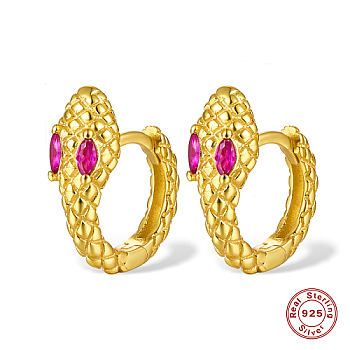 Snake Shape Real 18K Gold Plated 925 Sterling Sliver Micro Pave Cubic Zirconia Hoop Earrings, Fuchsia, 14x12mm