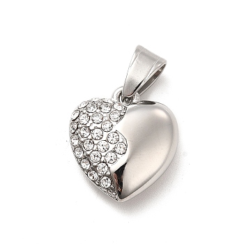 304 Stainless Steel Pendants, with Crystal Rhinestone, Heart Charms, Stainless Steel Color, 18.5x17x7.5mm, Hole: 7x4.5mm