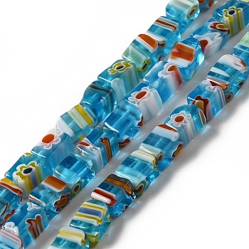 Handmade Millefiori Glass Beads Strands, Cuboid, Deep Sky Blue, 5~6x4x3.5~4mm, Hole: 1mm, about 64pcs/strand, 14.88''(37.8cm)