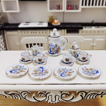 Mini Ceramics Tea Set, including Teapots, Teacups, Dishes, for Dollhouse Accessories, Pretending Prop Decorations, Blue, 12~26x9~33mm