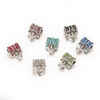 Alloy Rhinestone European Dangle Charms, Large Hole Pendants, Heart, Antique Silver, Mixed Color, 18.5x13x7~7.5mm, Hole: 4mm