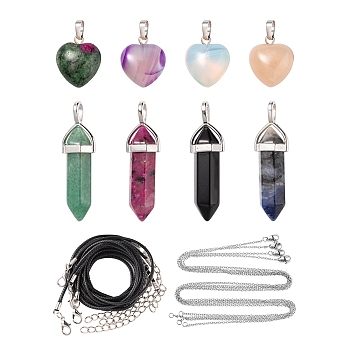 DIY Gemstone Necklace Making Kit, Including Natural & Synthetic Mixed Gemstone Bullet & Heart Pendants, Waxed Cord & 304 Stainless Steel Necklace Making, 4pcs/style 