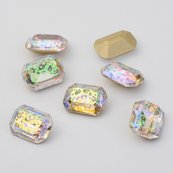 Plated Glass Rhinestone Cabochons, Pointed Back & Back Plated, Rectangle Octagon, Faceted, AB Color Plated, 14x10x6mm