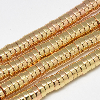 Electroplate Non-magnetic Synthetic Hematite Beads Strands, Heishi Beads, Flat Round/Disc, Light Gold Plated, 6x2mm, Hole: 2.5mm, about 175pcs/strand, 16.1 inch