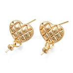 Brass Stud Earring Findings, with 925 Sterling Silver Pins and Cup Peg Bails, for Half Drilled Bead, Cadmium Free & Nickel Free & Lead Free, Grooved Heart, Real 18K Gold Plated, 17x11mm, Pin: 0.7mm, Pin: 0.7mm(for half drilled beads)(KK-N233-133)