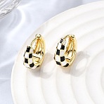 Tartan Pattern Brass Enamel Hoop Earrings for Women, Cadmium Free & Lead Free, Long-Lasting Plated, Real 18K Gold Plated, 13x14x6mm(EJEW-G460-01G)