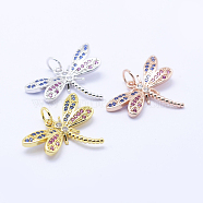 Brass Micro Pave Cubic Zirconia Pendants, Dragonfly, Lead Free & Nickel Free & Cadmium Free, Colorful, Mixed Color, 16.5x22x3mm, Hole: 3mm(KK-P133-02-NR)