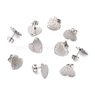 304 Stainless Steel Stud Earring Findings, with Ear Nuts, Textured Heart, Stainless Steel Color, 12x13mm, Hole: 1.5mm, Pin: 0.7mm(STAS-I183-06B-P)