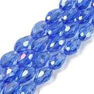 Transparent Electroplate Glass Beads Strands, AB Color Plated, Faceted, Teardrop, Royal Blue, 11.5x8mm, Hole: 1.2mm, about 55~57pcs/strand, 25.59''(65cm)(EGLA-N013-T8mm-B10)