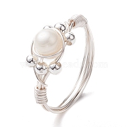 Round Natural Cultured Freshwater Pearl Ring, Copper Wire Wrapped Ring for Women, Silver, Inner Diameter: 18~18.5mm(RJEW-JR00708-02)