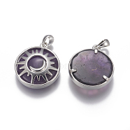 Natural Amethyst Pendants, with Brass Findings, Flat Round with Sun and Moon, Platinum, 32x27~27.5x7~7.5mm, Hole: 4x6mm(G-E517-D01)