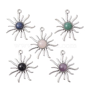 Natural Mixed Gemstone Big Pendants, with Tibetan Style Antique Silver Tone Alloy Findings, Sun Charms, 51x47x2mm, Hole: 3.5mm(PALLOY-JF02511)