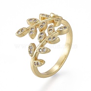 Brass Micro Pave Clear Cubic Zirconia Cuff Rings, Open Rings, Long-Lasting Plated, Leafy Branches, Real 18K Gold Plated, Inner Diameter: 19mm(X-RJEW-K232-06G)