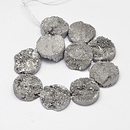 Electroplated Natural Druzy Quartz Crystal Beads Strands, Flat Round , Silver Plated, 20x8~10mm, Hole: 1mm, about 10pcs/strand, 8 inch(G-A141-20mm-B01)