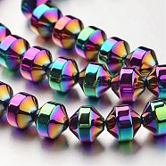 Electroplate Non-magnetic Synthetic Hematite Bead Strands, Bicone, Multi-color Plated, 6x6mm, Hole: 1mm, about 61pcs/strand, 15.7 inch(G-F300-31A-02)