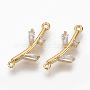 Brass Clear Cubic Zirconia Links, Nickel Free, Branch, Real 18K Gold Plated, 18x8x3mm, Hole: 0.8mm(ZIRC-Q021-048G-NF)