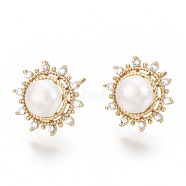 Brass Micro Clear Cubic Zirconia Stud Earrings, with ABS Plastic Imitation Pearl Beads, Flower, Real 18K Gold Plated, Creamy White, 12.5mm, Pin: 1mm(X-EJEW-N014-15-NF)