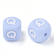 Food Grade Eco-Friendly Silicone Beads, Horizontal Hole, Chewing Beads For Teethers, DIY Nursing Necklaces Making, Letter Style, Cube, Light Sky Blue, Letter.Q, 10x10x10mm, Hole: 2mm(SIL-R011-10mm-02Q)