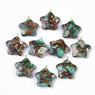 Assembled Synthetic Imperial Jasper and Bronzite Pendants, with Golden Tone Iron Loop, Dyed, Star, Sea Green, 23~24x21x5mm, Hole: 2mm(G-S366-002F)