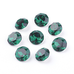 Pointed Back & Back Plated Glass Rhinestone Cabochons, Grade A, Faceted, Flat Round, Emerald, 8x4.5mm(X-RGLA-J012-8mm-205)