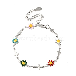 Enamel Flower & Cross Link Chain Bracelet, with Random Color Flower, Stainless Steel Color Plated 304 Stainless Steel Jewelry for Women, Colorful, 6-5/8 inch(16.9cm)(BJEW-C023-01P-01)
