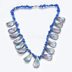 Lapis Lazuli and Abalone Shell/Paua ShellBib Statement Necklaces, with Brass Findings, Teardrop, Platinum, 18.7inches(47.5cm)(NJEW-P212-09)