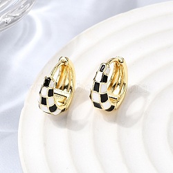Tartan Pattern Brass Enamel Hoop Earrings for Women, Cadmium Free & Lead Free, Long-Lasting Plated, Real 18K Gold Plated, 13x14x6mm(EJEW-G460-01G)