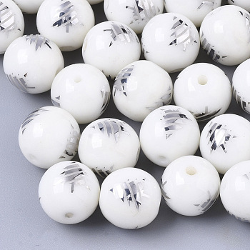 Christmas Opaque Glass Beads, Round with Electroplate Christmas Tree Pattern, Platinum Plated, 10mm, Hole: 1.2mm