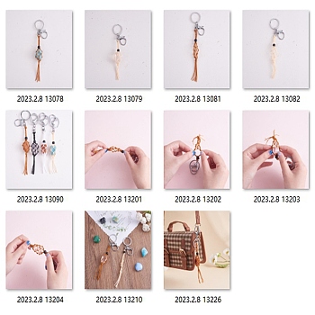 4Pcs  2 Colors Macrame Fringe Braided Keychain, Black Glass Bead Tassel Charm Key Ring for Handbag, Car Decoration, Wheat, Sandy Brown, 17.5cm, 2pcs/color